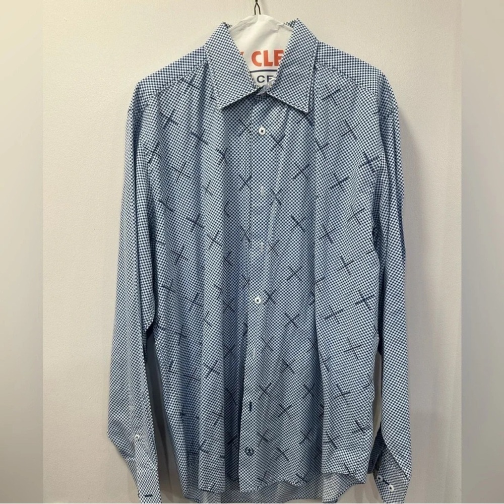 Bugatchi Men's Large Classic Fit Long Sleeve Blue Micro-Check Shirt
